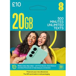 EE Pay As You Go £10 - 20GB Data, 500 Minutes, Unlimited Text