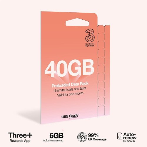 Three Pay As You Go £10 - 40GB Data, Unlimited Minutes, Unlimited Text