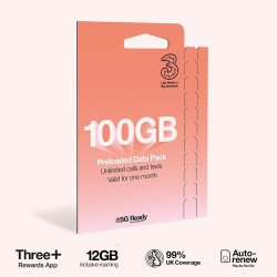 Three Pay As You Go £15 - 100GB Data, Unlimited Minutes, Unlimited Text