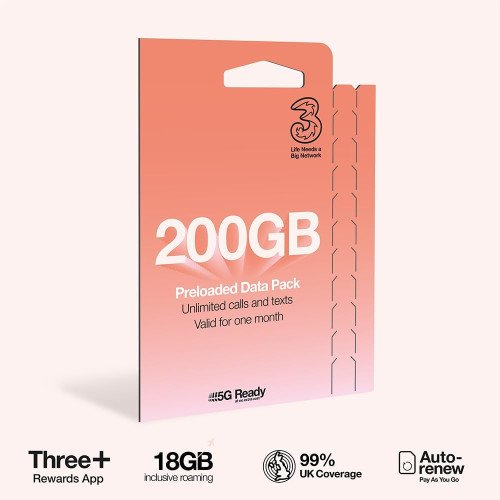 Three Pay As You Go £20 - 200GB Data, Unlimited Minutes, Unlimited Text