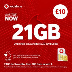 Vodafone Pay As You Go £10 - 21GB Data, Unlimited Minutes, Unlimited Text