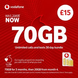 Vodafone Pay As You Go £15 - 70GB Data, Unlimited Minutes, Unlimited Text