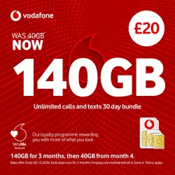 Vodafone Pay As You Go £20 - 140GB Data, Unlimited Minutes, Unlimited Text
