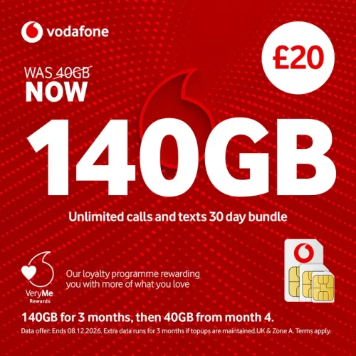 Vodafone Pay As You Go £20 - 140GB Data, Unlimited Minutes, Unlimited Text