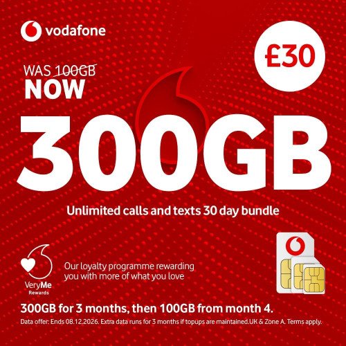 Vodafone Pay As You Go £30 - 300GB Data, Unlimited Minutes, Unlimited Text