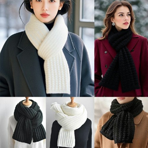Scarf Women Winter Versatile Solid Color Thickened Woolen Knitted Scarf - White
