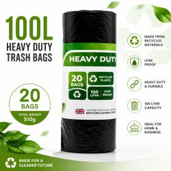 20pcs Heavy Duty Bin Bags 100L Plastic Leak Proof Black Refuse Rubbish Sacks