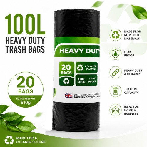 20pcs Heavy Duty Bin Bags 100L Plastic Leak Proof Black Refuse Rubbish Sacks