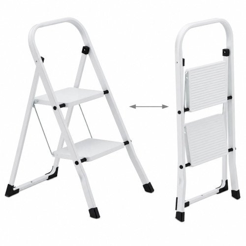 2 Step Ladder Stool Folding Steel Step Stool 150kg Capacity Anti-Slip Wide Pedals