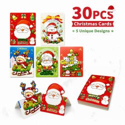 30pcs Christmas Cards 5 Designs 3D Fold-Out Xmas Greeting Cards Kids Party